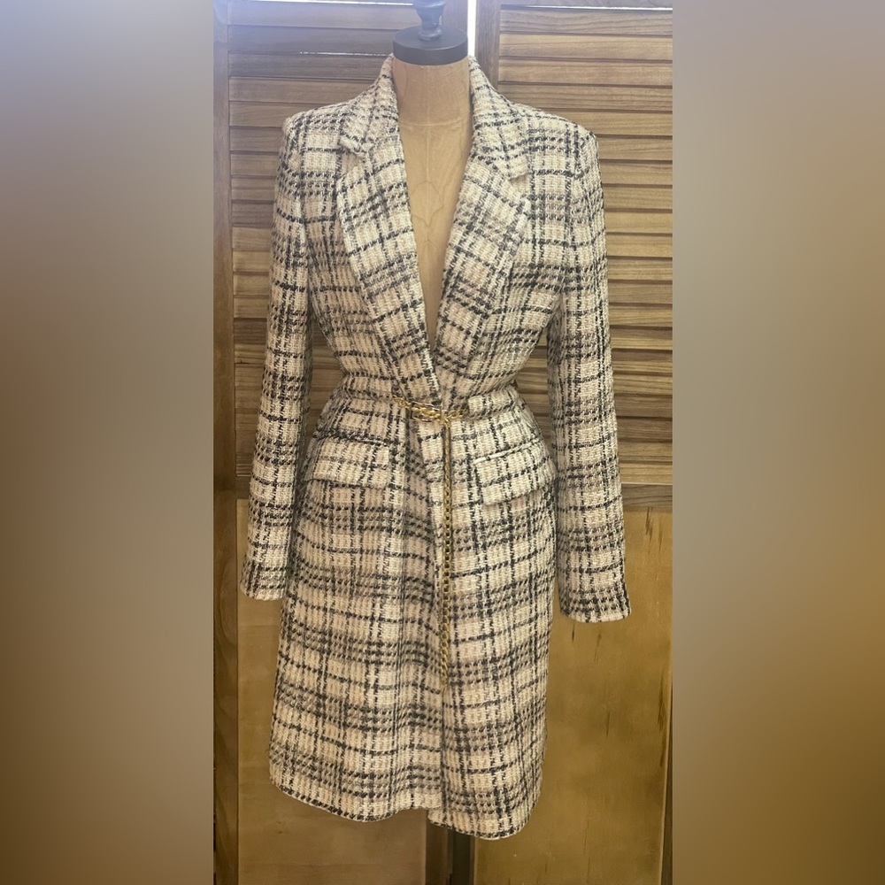 ZARA textured tweed coat with gold chain belt detail.